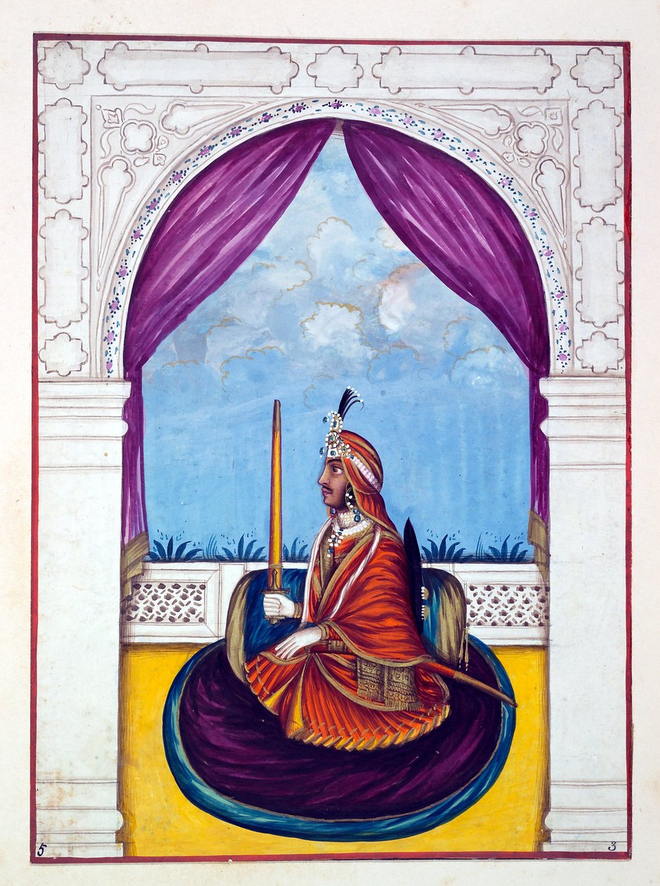 Maharaja Nau Nihal Singh, kirjasta The Kingdom of the Punjab, its Rulers and Chiefs, osa I, 27 akvarellitutkimuksen osio tunnistamattomalta intialaiselta taiteilijalta, n. 1840 (wc paperilla) tekijältä Indian School