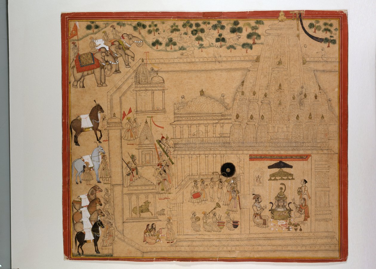 Maharana Amar Singh of Mewar Eklingjin temppelissä, n. 1695 (guassi, kultaa ja hopeaa paperilla) tekijältä Indian School