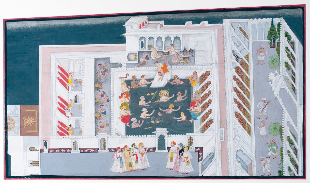 Maharana Jagat Singh II leikkii palatsin uima-altaassa, n. 1746-50 (läpinäkymätön wc ja kultaa paperilla) tekijältä Indian School