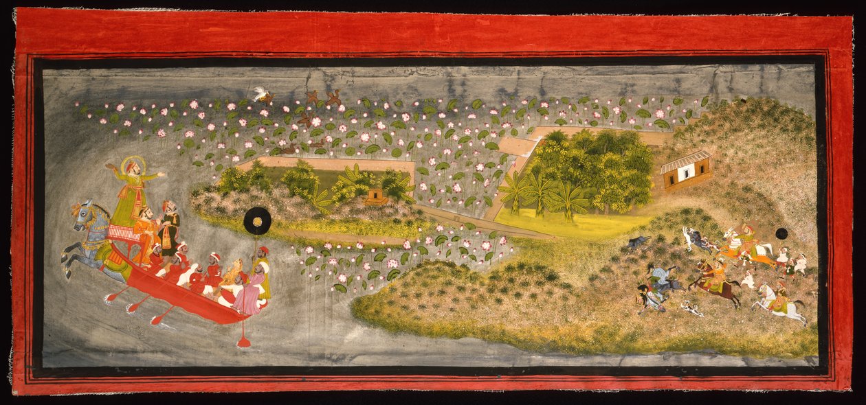Maharana Jagat Singh II haukkojen ja villisian metsästys, n. 1740 (läpinäkymätön w/c, hopeaa ja kultaa paperilla, kiinnitetty albumin sivulle) tekijältä Indian School