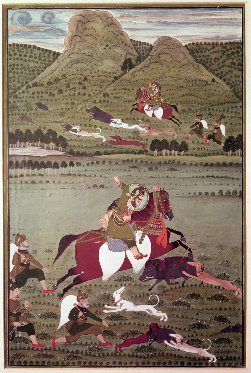 Maharana Jawan Singh (reg.1828-38) Mewarista metsästävä villisikaa, Udaipur tekijältä Indian School