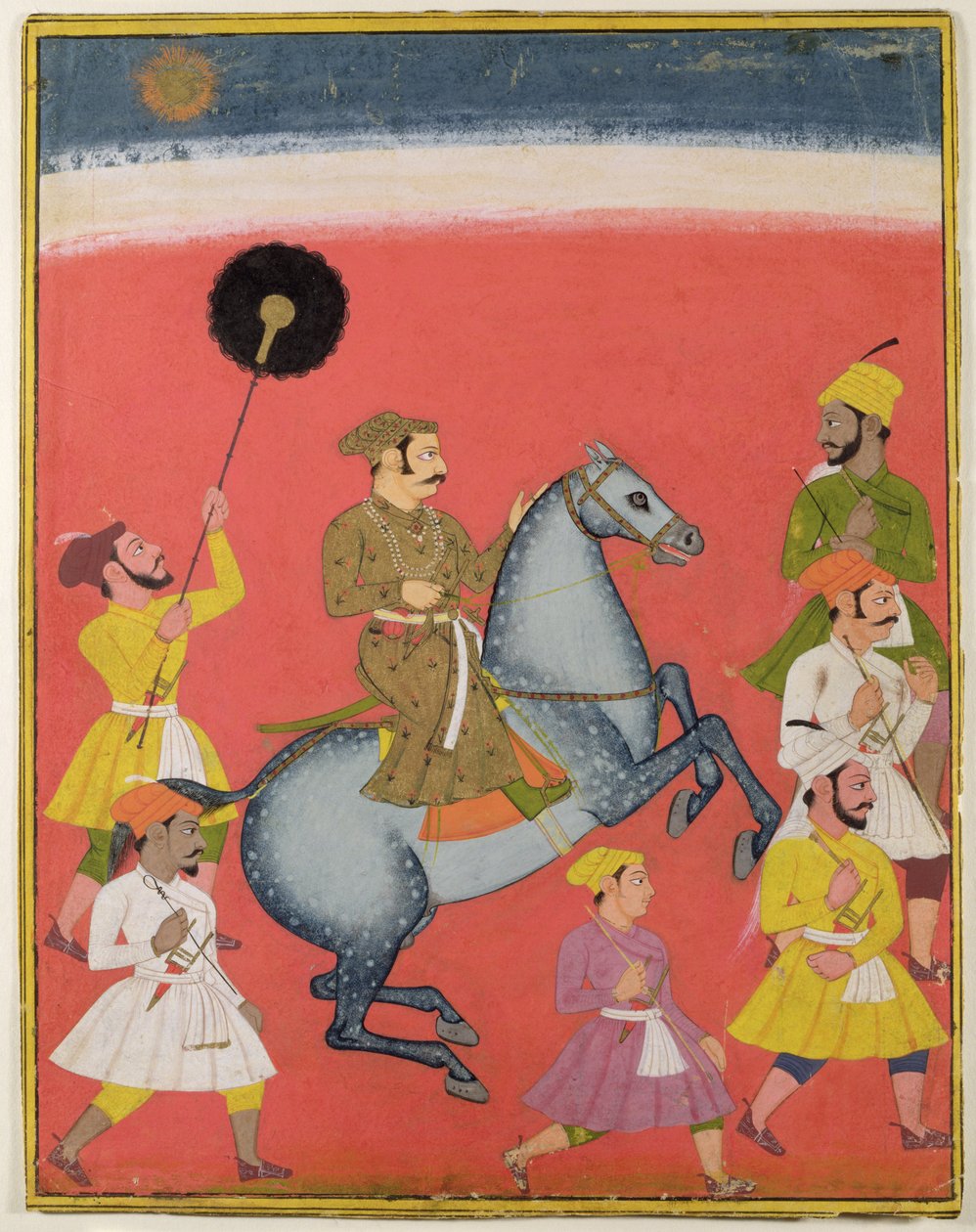 Maharana Raj Singh I of Mewar (reg. 1652-80) Ratsastus, Udaipur (Mewar) Rajasthan, n. 1670 (guassi kullalla paperilla) tekijältä Indian School