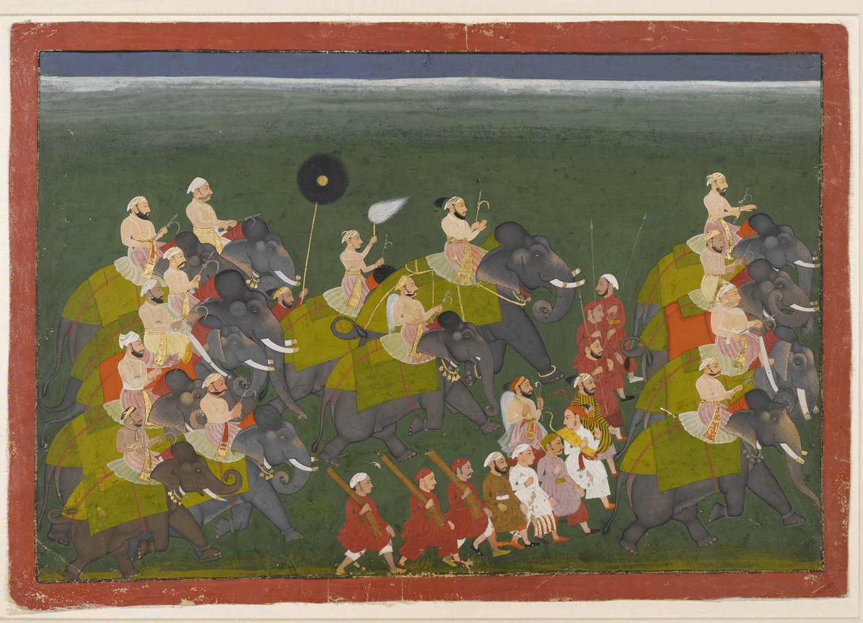 Maharana Sangram Singh of Mewar ratsastaa norsukulkueessa, Udaipur, Rajasthan, n. 1730–1740 (läpinäkymätön wc ja kultaa paperilla) tekijältä Indian School