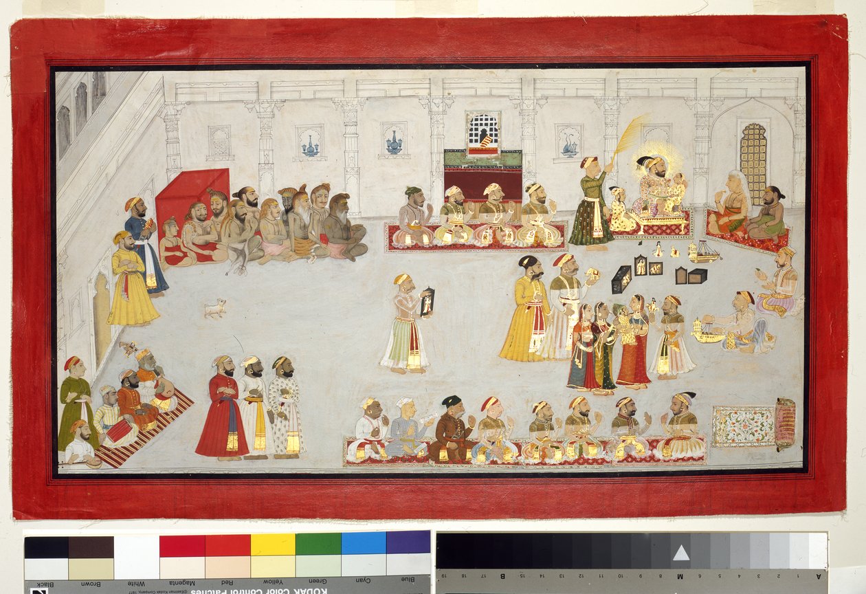 Maharana Sangram Singh lastensa ja hovimiesten kanssa, n. 1715 (läpinäkymätön wc ja kultaa paperilla, kiinnitetty albumin sivulle) tekijältä Indian School