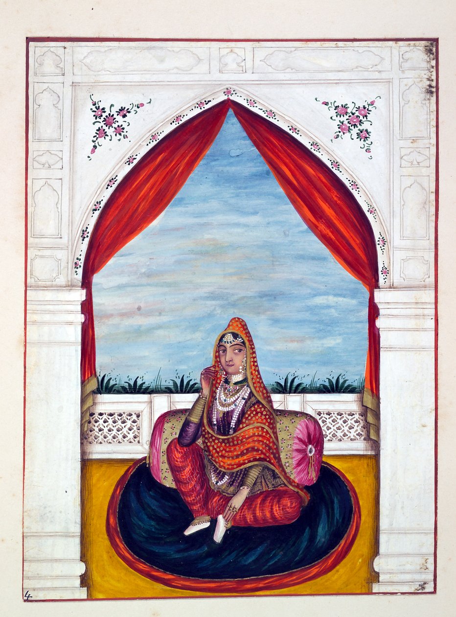 Maharani Chand Kaur, kirjasta The Kingdom of the Punjab, its Rulers and Chiefs, osa I, 27 akvarellitutkimuksen osio tuntemattomalta intialaiselta taiteilijalta, n. 1840 (wc paperilla) tekijältä Indian School