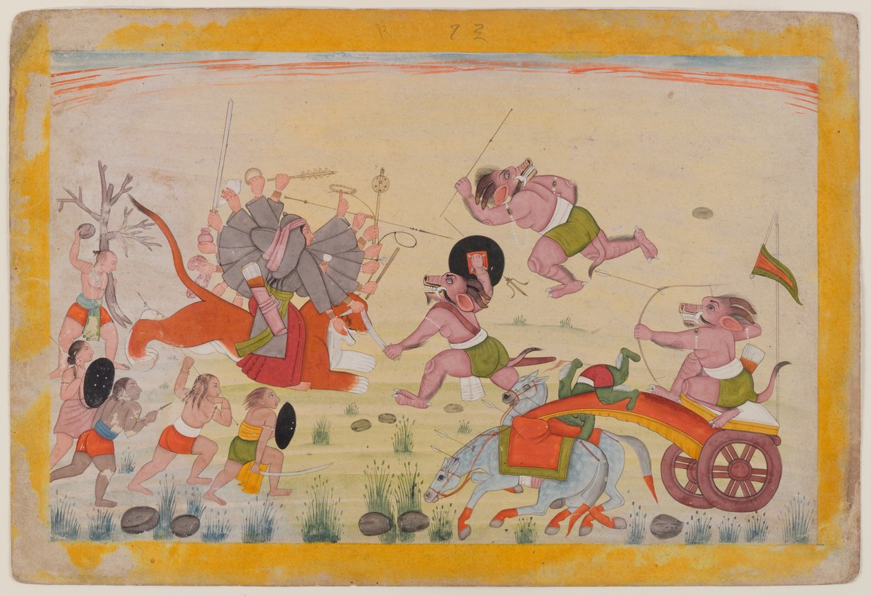 Mahasura hyökkää Deviin, folio hajallaan olevasta Devi Mahatmya -sarjasta, n. 1770-80 (wc paperilla) tekijältä Indian School