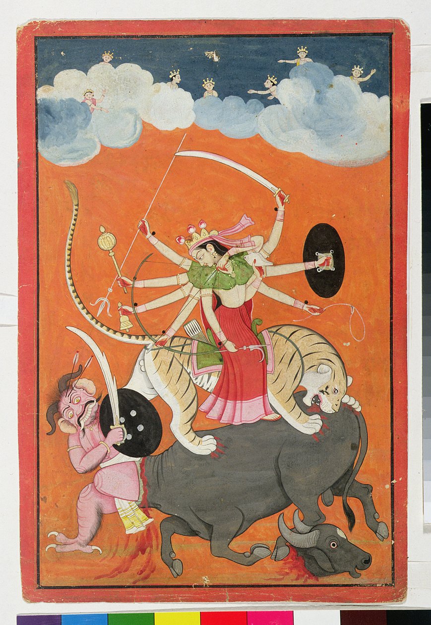 "Mahishasurmardini", "Devimahatmya of Markandeya Purana", inspiroitunut Nagari-hahmoista Riversissä, Gulerissa, Pahari Schoolissa tekijältä Indian School