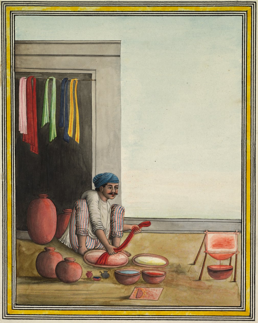 Mies värjäämässä kangasta, 1830-luvun alku (tussi ja väri paperille). tekijältä Indian School
