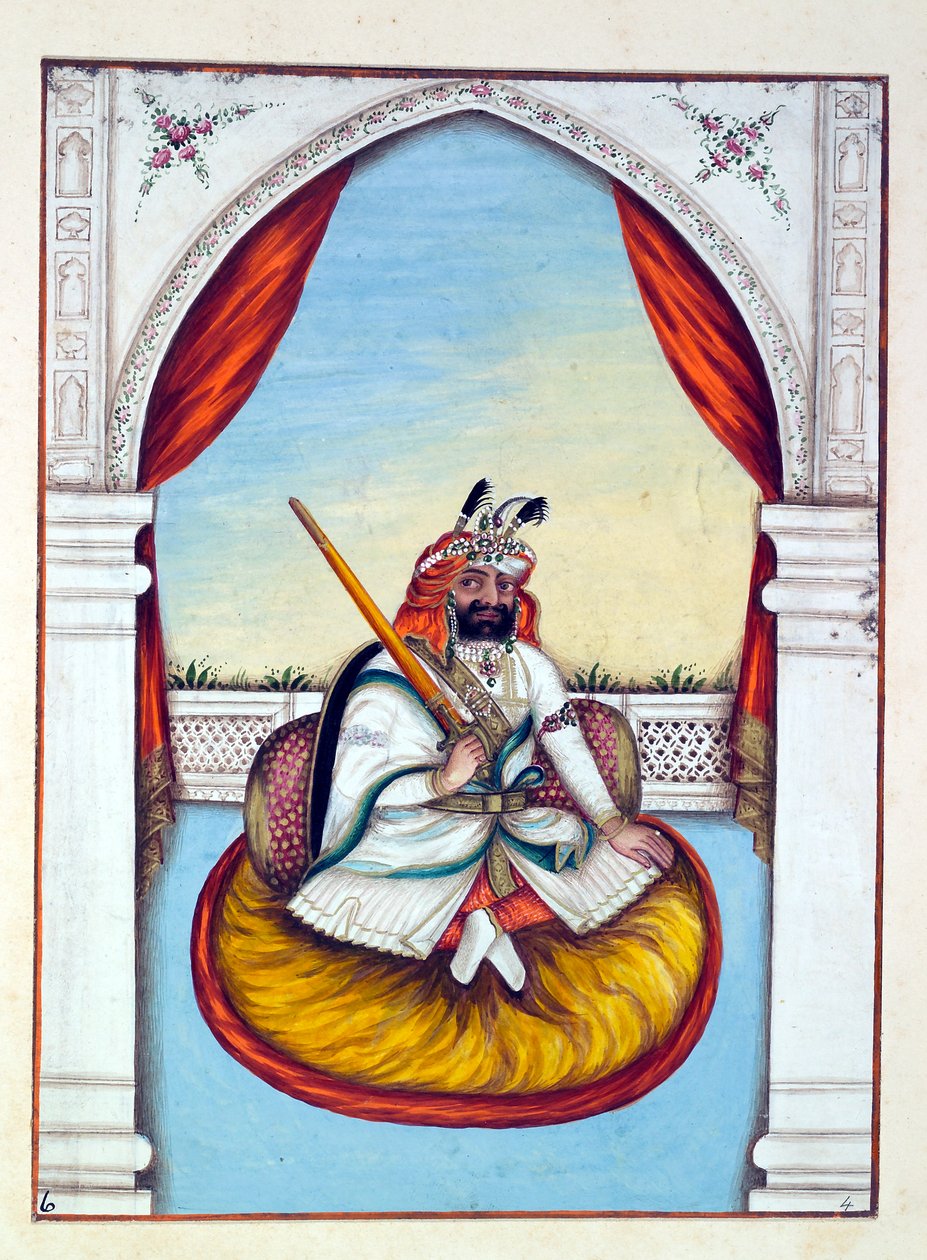 Marharajah Sher Singh, kirjasta The Kingdom of the Punjab, its Rulers and Chiefs, osa I, 27 akvarellitutkimuksen osio tuntemattomalta intialaiselta taiteilijalta, n. 1840 (wc paperilla) tekijältä Indian School