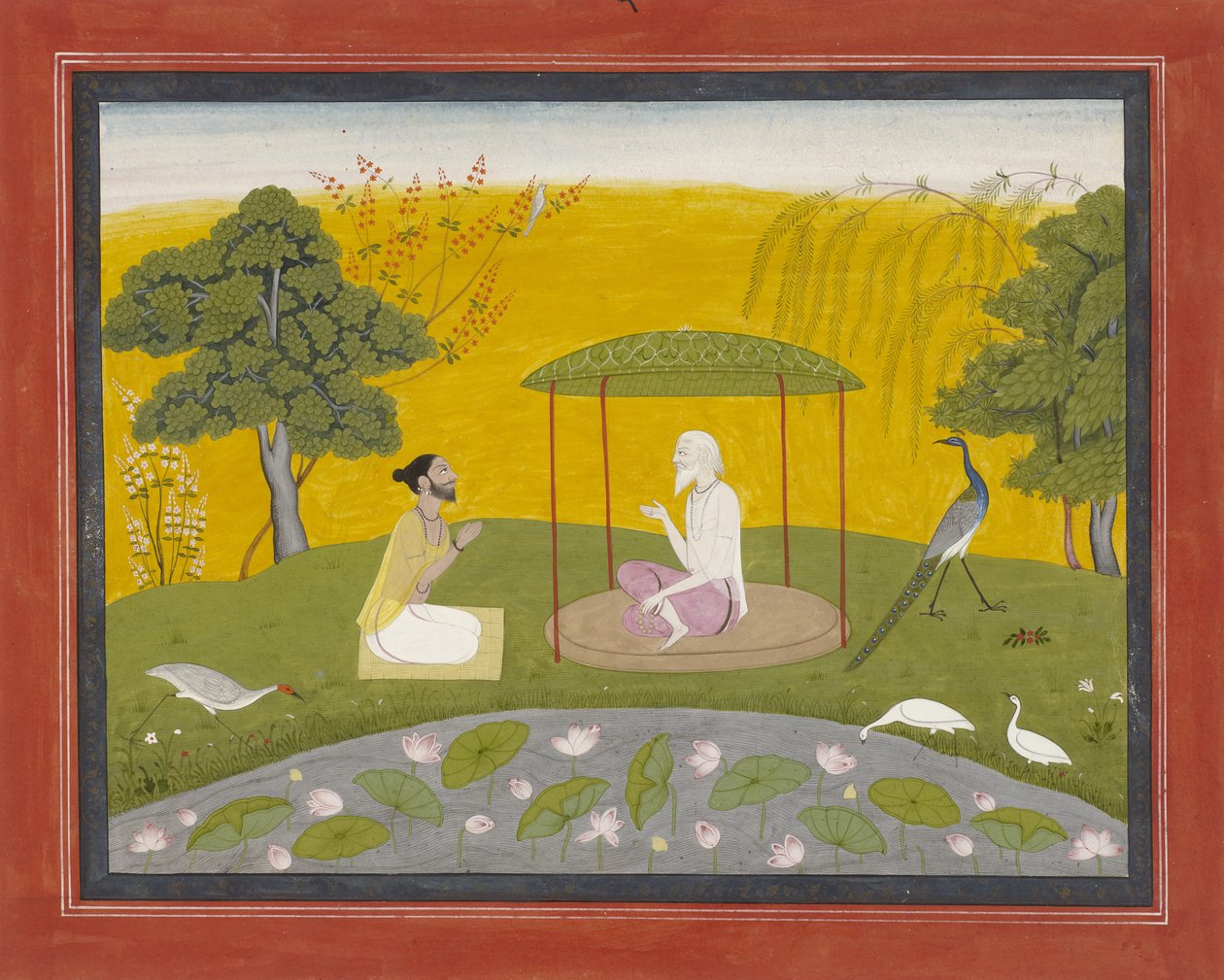 Markandeya viittaa Jaimuniin neljään viisaaseen lintuun, n. 1800-20 (läpinäkymätön wc paperilla, korotettu kullalla) tekijältä Indian School