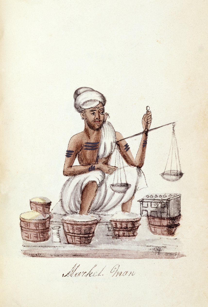 Markkinamies, Venkata Ramasvanin "A Digest of the different Castes of India", julkaisi Madras 1837 (värilitho)Markkinamies, Venkata Ramasvanin "A Digest of the different Castes of India", julkaisi Madras 1837 (värilitho) tekijältä Indian School
