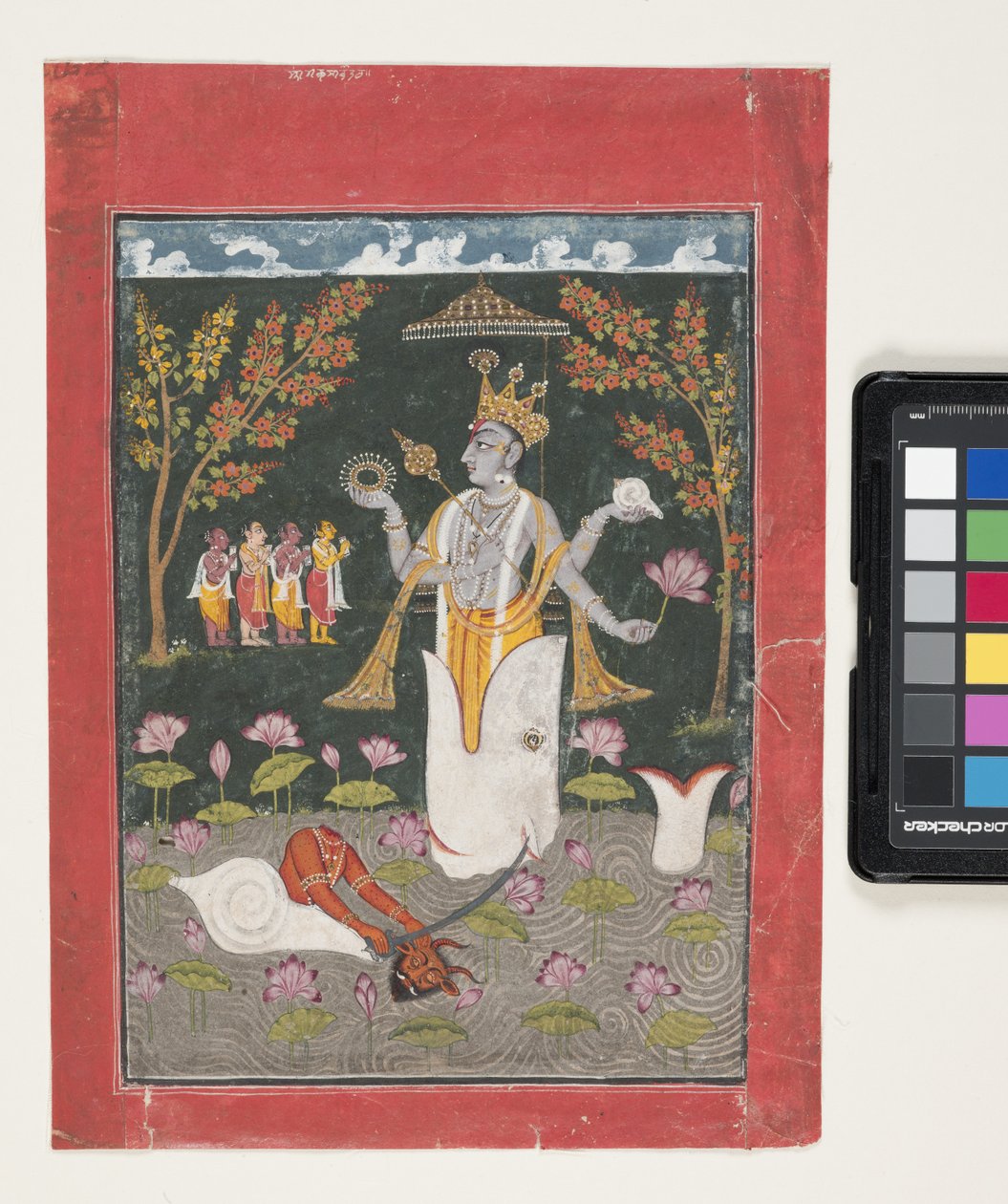 Vishnun Matsya Avatar: Sankh Asuran tappaminen (guassi ja kultalehti paperilla) tekijältä Indian School