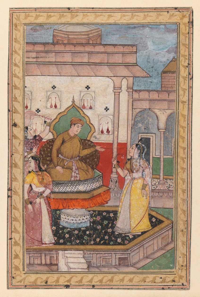 Miniatyyrimaalaus, tuomioistuinkohtaus, 1500-luvun loppu (läpinäkymätön wc paperilla) tekijältä Indian School