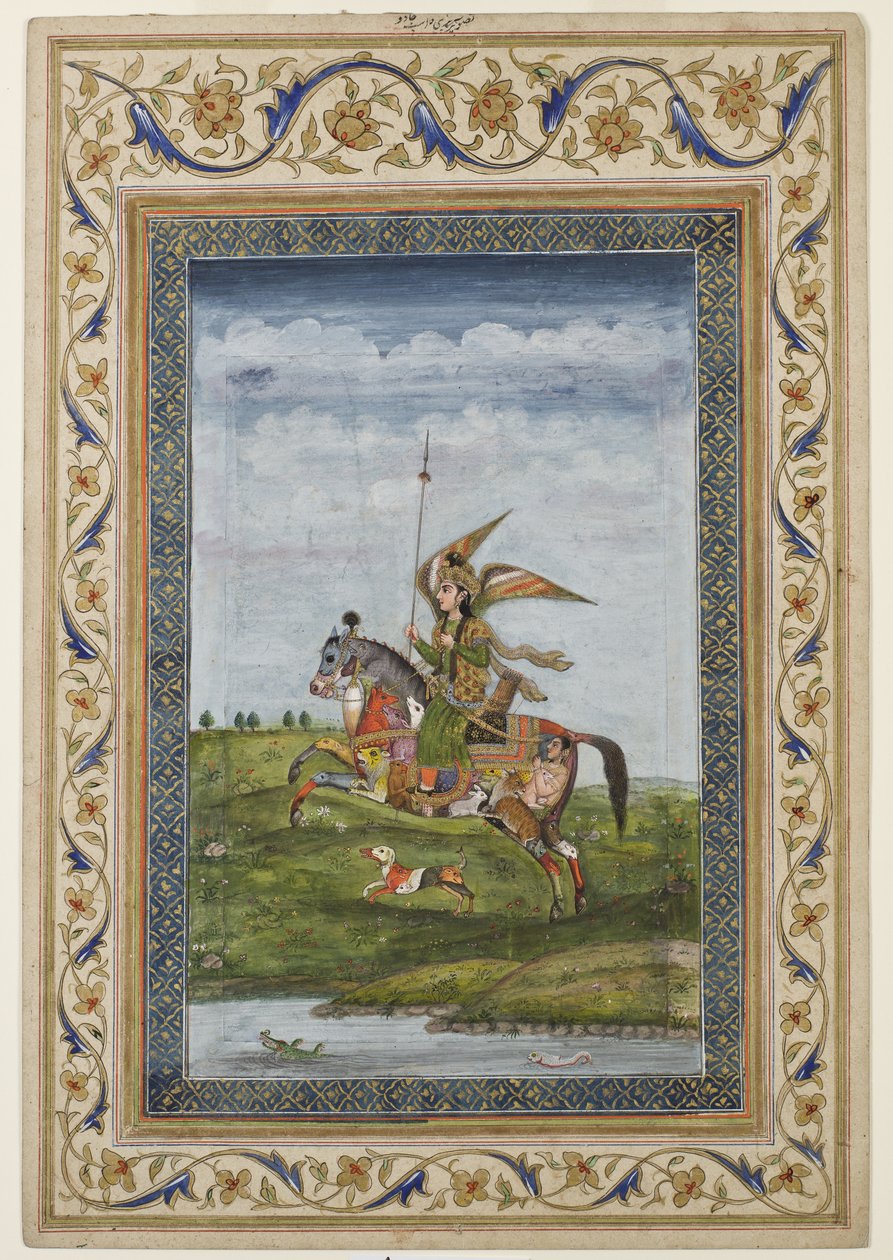 Miniatyyri, joka esittää kohtauksen siivekkäästä hahmosta hevosen selässä, luultavasti Delhin koulu, Mughal, Intia, 1800-luvun alku (akvarelli ja kultaus paperilla) tekijältä Indian School
