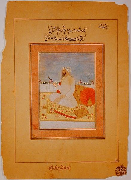 Pienoiskuva Saif Khanista, Agran kuvernööri, Intia, n. 1670-80 (läpinäkymättömät mineraalipigmentit kiillotuspaperilla) tekijältä Indian School