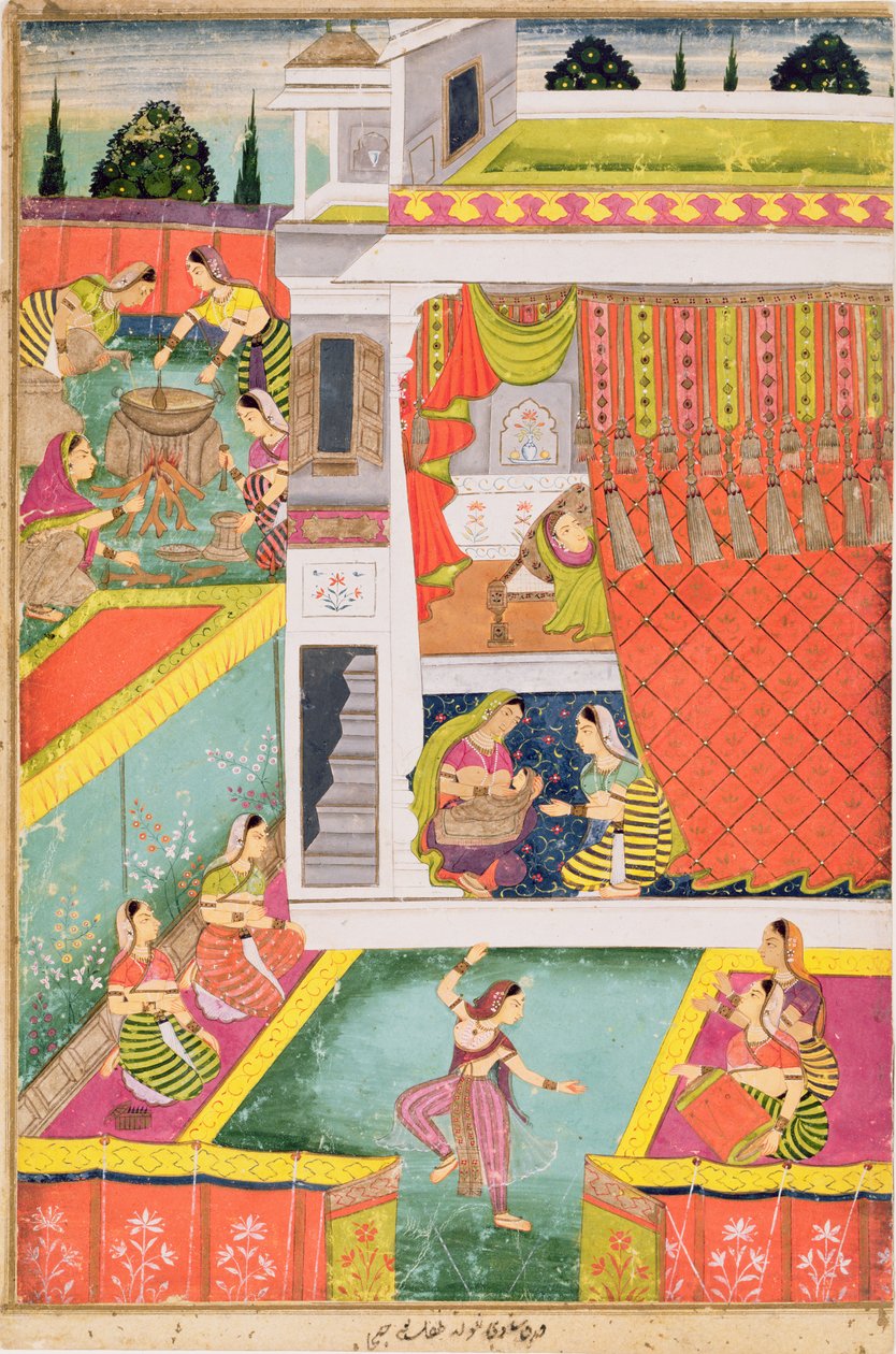 Pienoismaalaus, jossa juhlitaan lapsen syntymää, mahdollisesti Aurangabad, Deccan (läpinäkymättömät mineraalivärit kiillotuspaperilla) tekijältä Indian School