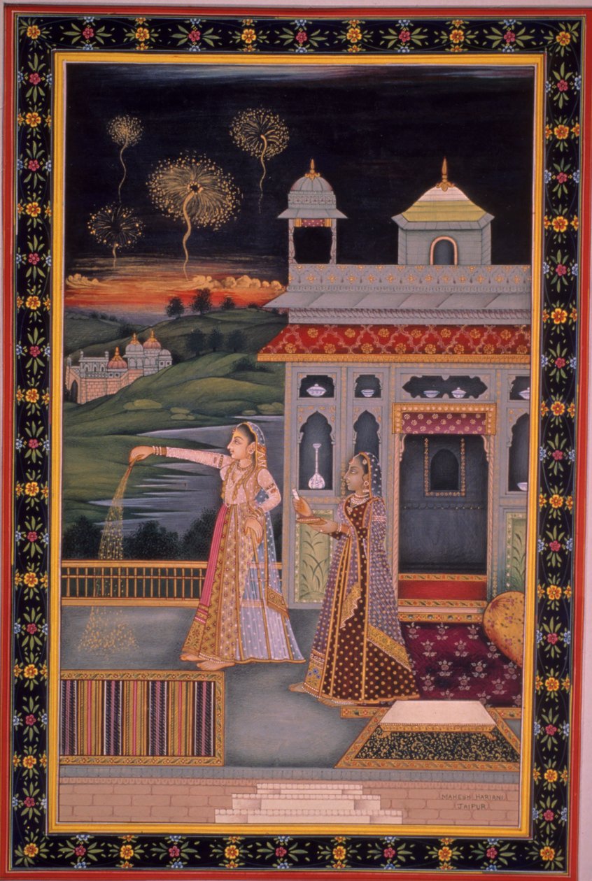 Pienoiskoossa nainen juhlii Diwali-juhlaa, Intia (vesiväri paperille) tekijältä Indian School