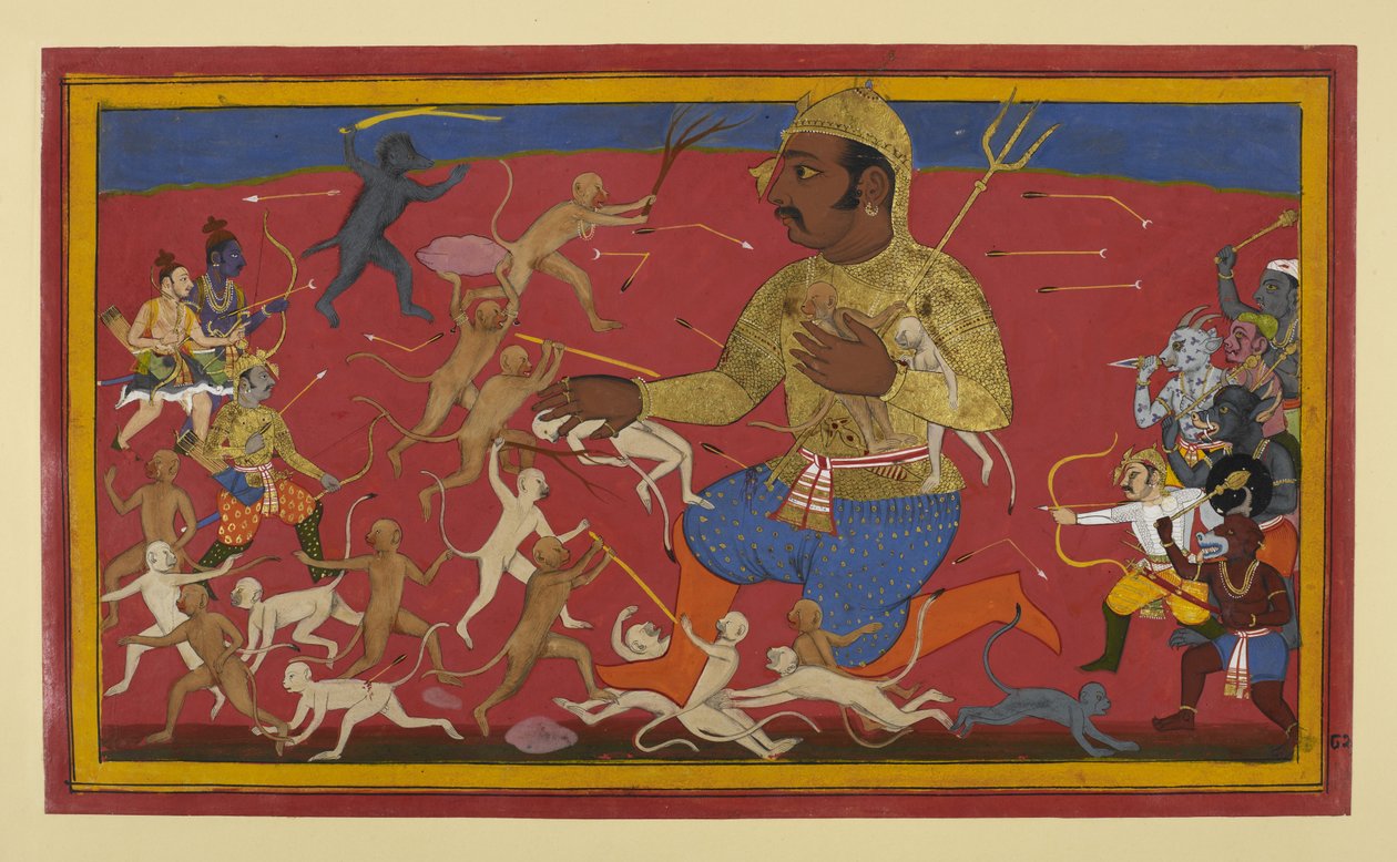 Apinat ja jumalat hyökkäävät Kumbhakarṇaa vastaan. tekijältä Indian School
