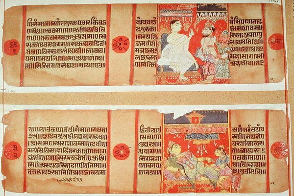 Ms 55 65 fol.90 Kaksi sivua "Kalakacharya Kathasta", Gujaratin koulusta (guassi paperilla) tekijältä Indian School
