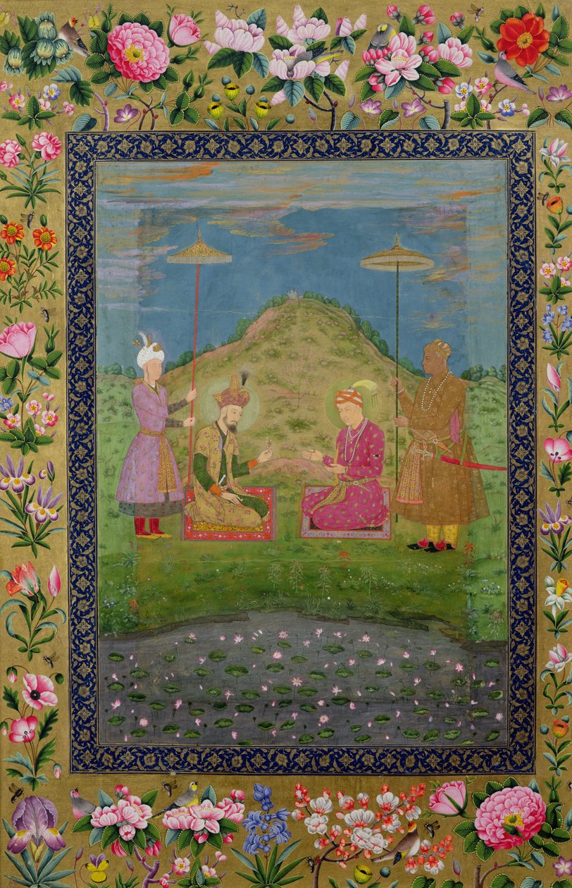 Ms E-14 Humayun (1508-56) ja Akbar (1542-1605) visiirin kanssa Moraqqasta tekijältä Indian School