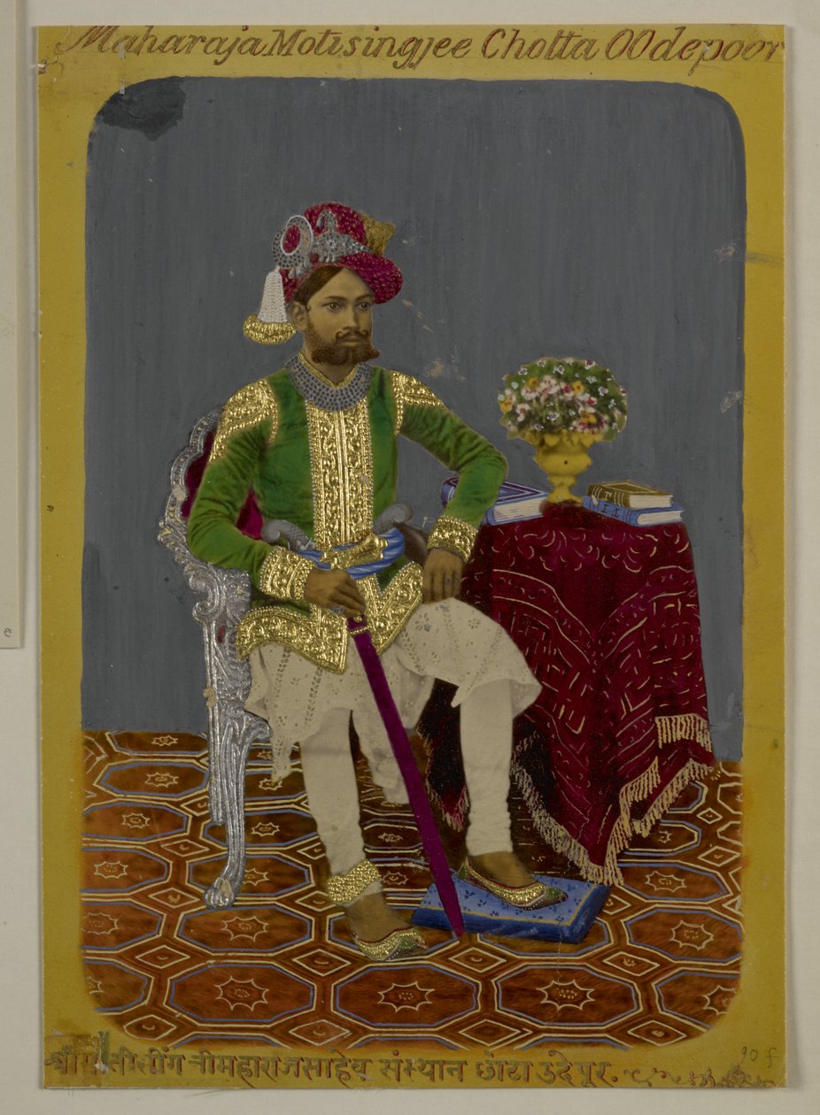 Mss Eur G.38/2 f.90 Moti Singh of Udaipur, n. 1870 (akvarelli ja kulta paperille) tekijältä Indian School