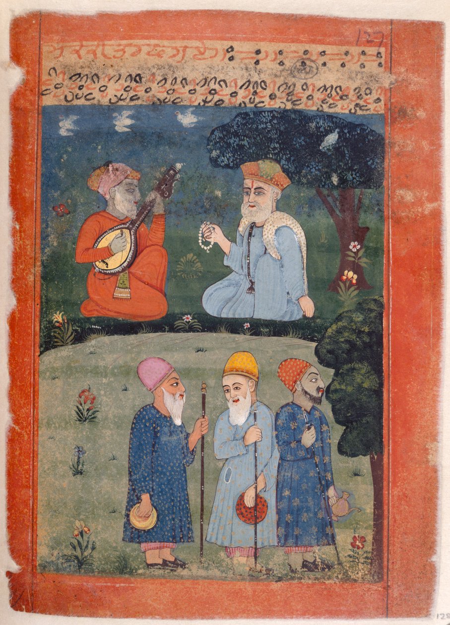 rouva Panj. B.40, f.128 Baba Nanak, Mardana ja Fakirs, kuvitus teoksesta "Guru Nanakin elämäkerta" tekijältä Indian School