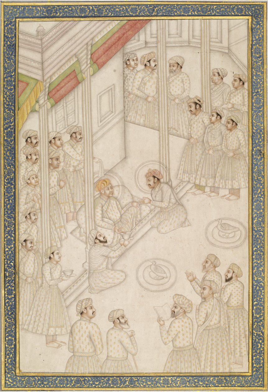 Mughal-keisari Akbar piti oikeutta viimeisen sairautensa aikana, 1700-luvun puoliväli (albuminlehti; pigmentti kullalla kiillotetulla paperilla) tekijältä Indian School