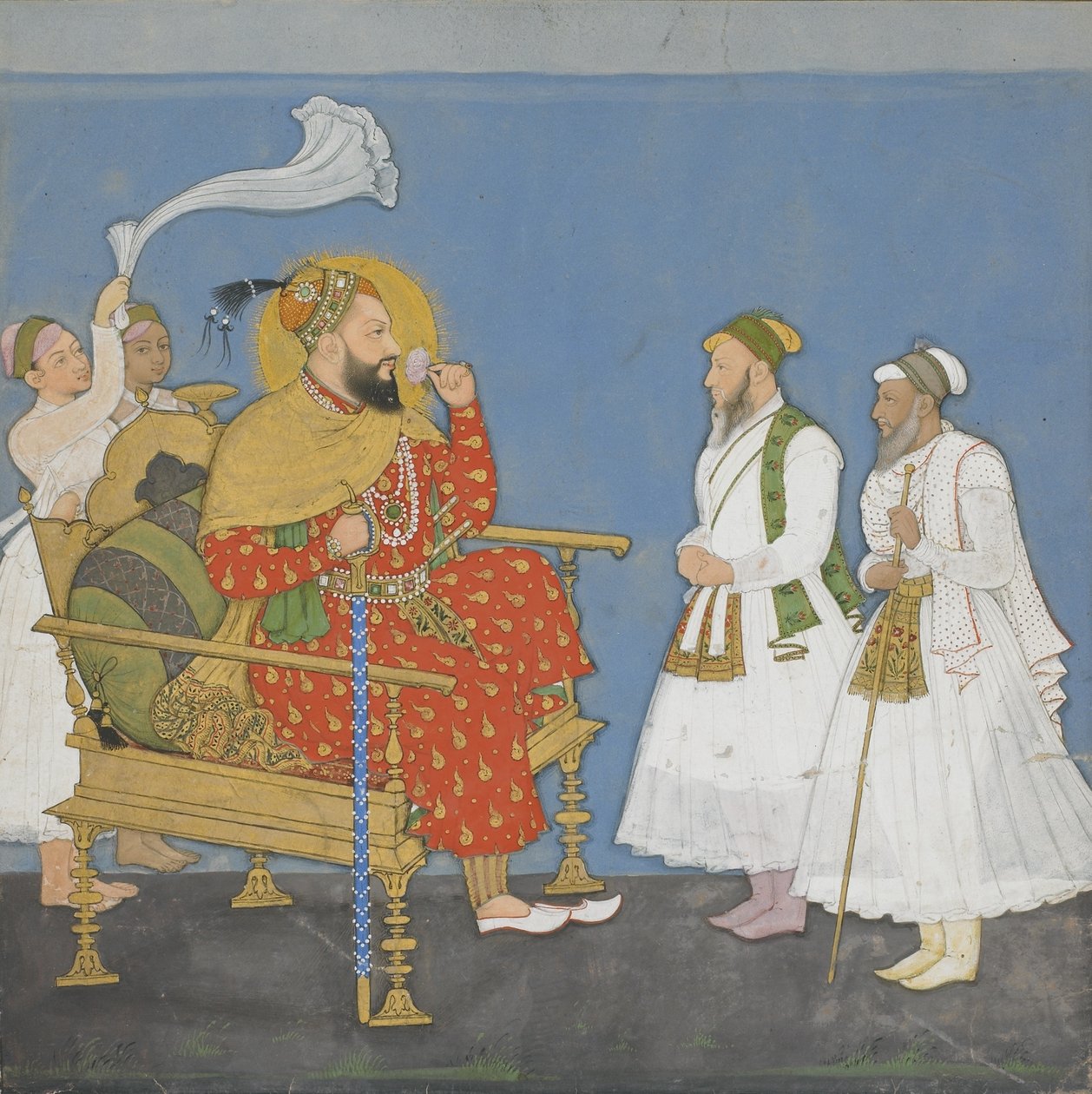 Muhammad Adil Shah II hovimiesten ja palvelijoiden kanssa (läpinäkymätön wc ja kultaa paperilla) tekijältä Indian School