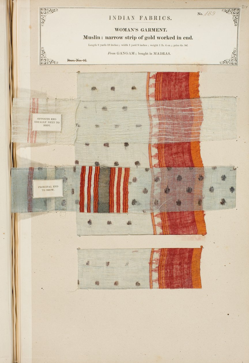 Musliininäyte Ganhamista, ostettu Madrasista, kokoelmasta The Collection of the Textile Manufacturers of India, kirjoittanut John Forbes Watson, julkaistu vuonna 1866 tekijältä Indian School