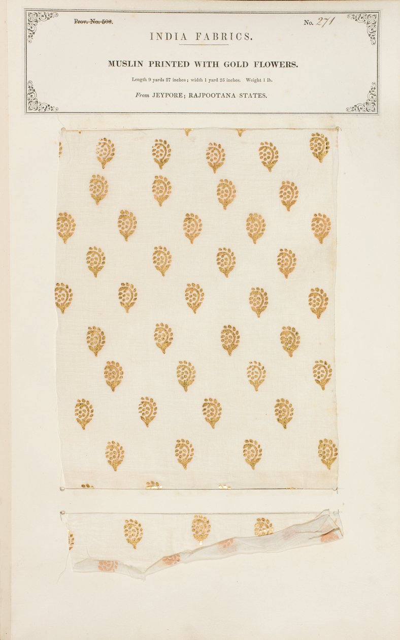 Musliininäyte painettu kultakukilla Jeyporesta Rajpootanan osavaltioista, kokoelmasta The Collection of the Textile Manufacturers of India, John Forbes Watson, julkaistiin vuonna 1866 tekijältä Indian School