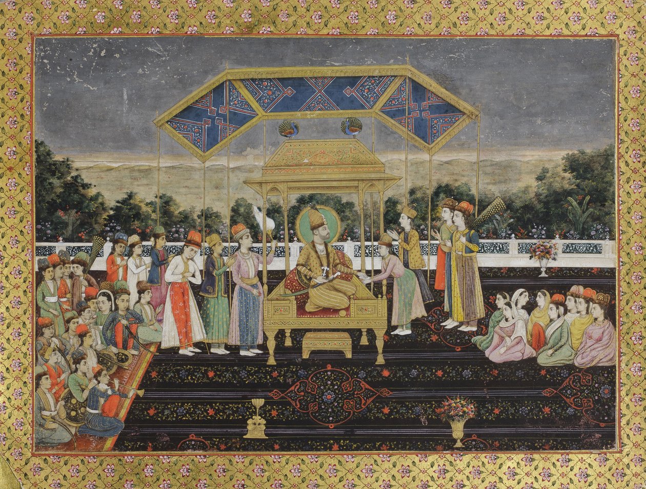 Nadir Shah riikinkukon valtaistuimella hänen tappionsa Muhammad Shahille, n. 1850 (paperilla läpinäkymätön wc) tekijältä Indian School