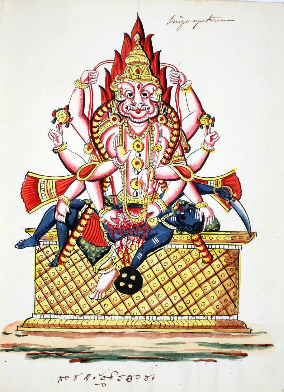 Narasimha, Vishnun neljäs avatar (akvarelli paperille) tekijältä Indian School