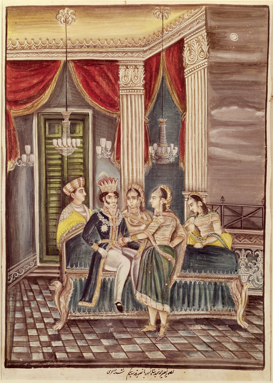 Nasir Ud-Din Haidar (1827-1873) Oudhin kuningas palatsissaan, 1845 tekijältä Indian School