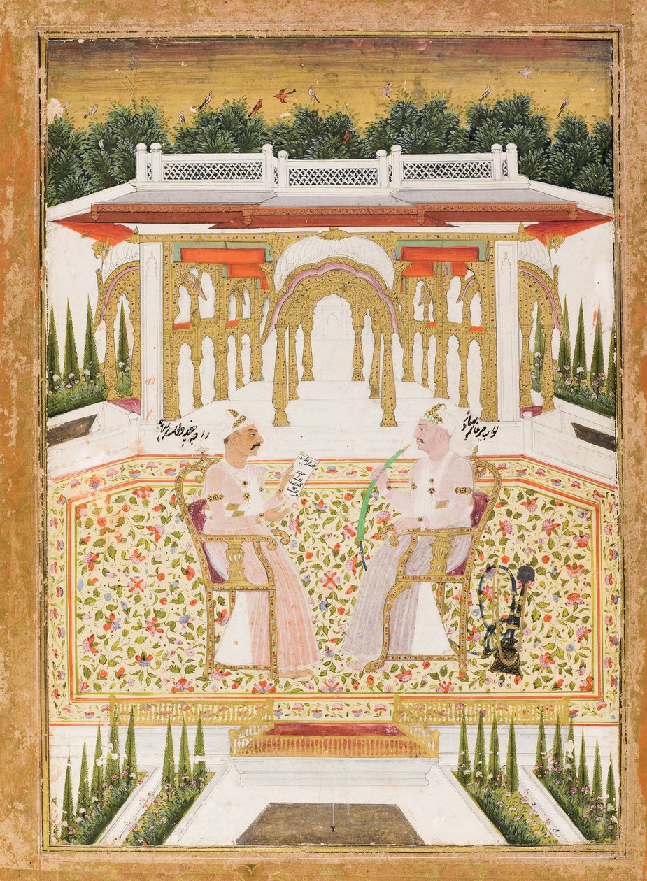 Nawab Mir Alam Bahadur ja Raja Chandu Lal Bahadur, n. 1800 (läpinäkymätön wc ja kultaa paperilla) tekijältä Indian School