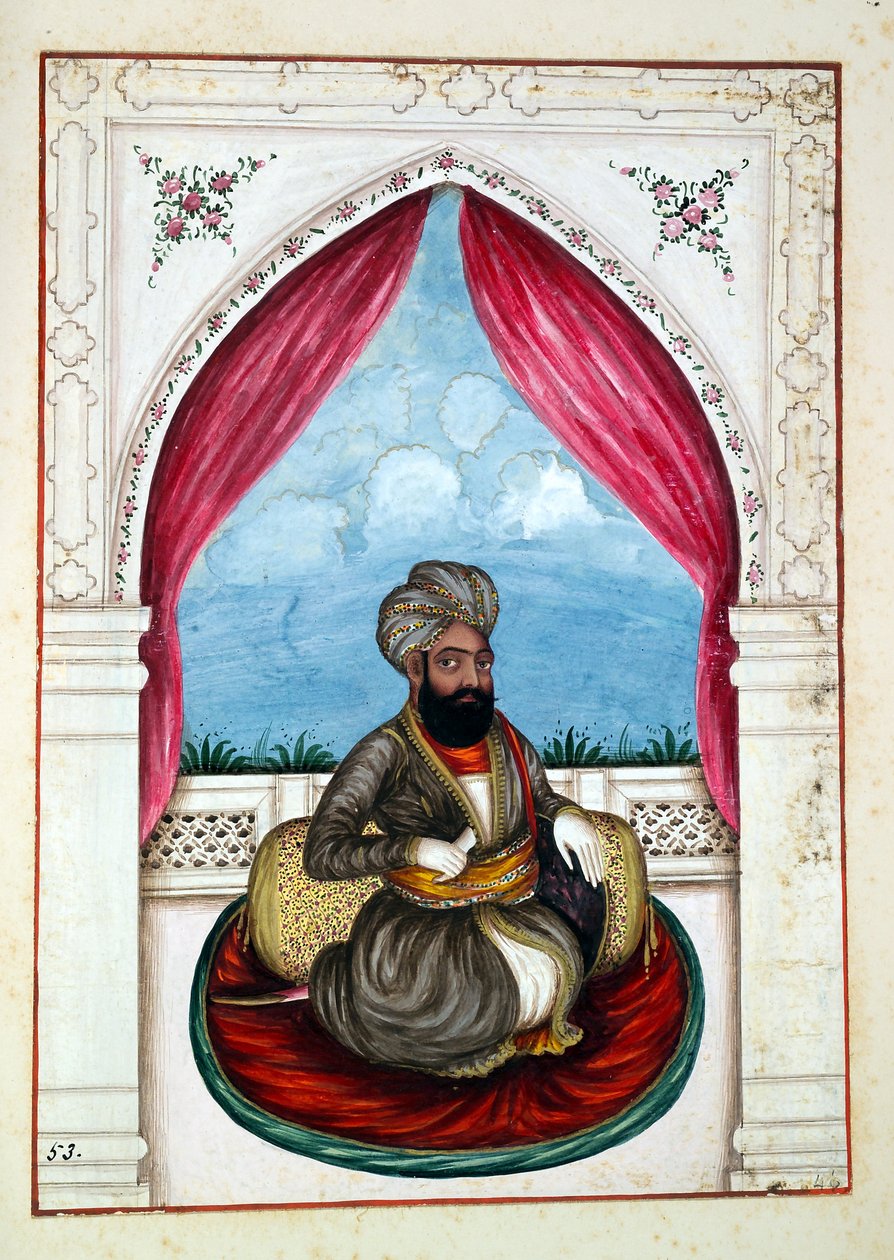 Nawab Mohammad Akhbar Khan, kirjasta The Kingdom of the Punjab, its Rulers and Chiefs, osa II, 30 akvarellitutkimuksen osio tunnistamattomalta intialaiselta taiteilijalta, n. 1840 (wc paperilla) tekijältä Indian School