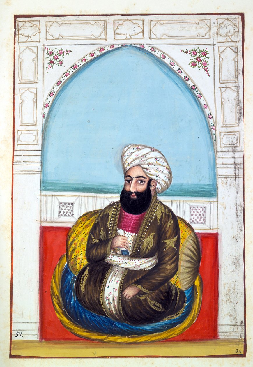 Nawab Synd Mohammad Khan, kirjasta The Kingdom of the Punjab, its Rulers and Chiefs, osa II, 30 akvarellitutkimuksen osio tunnistamattomalta intialaiselta taiteilijalta, n. 1840 (wc paperilla) tekijältä Indian School