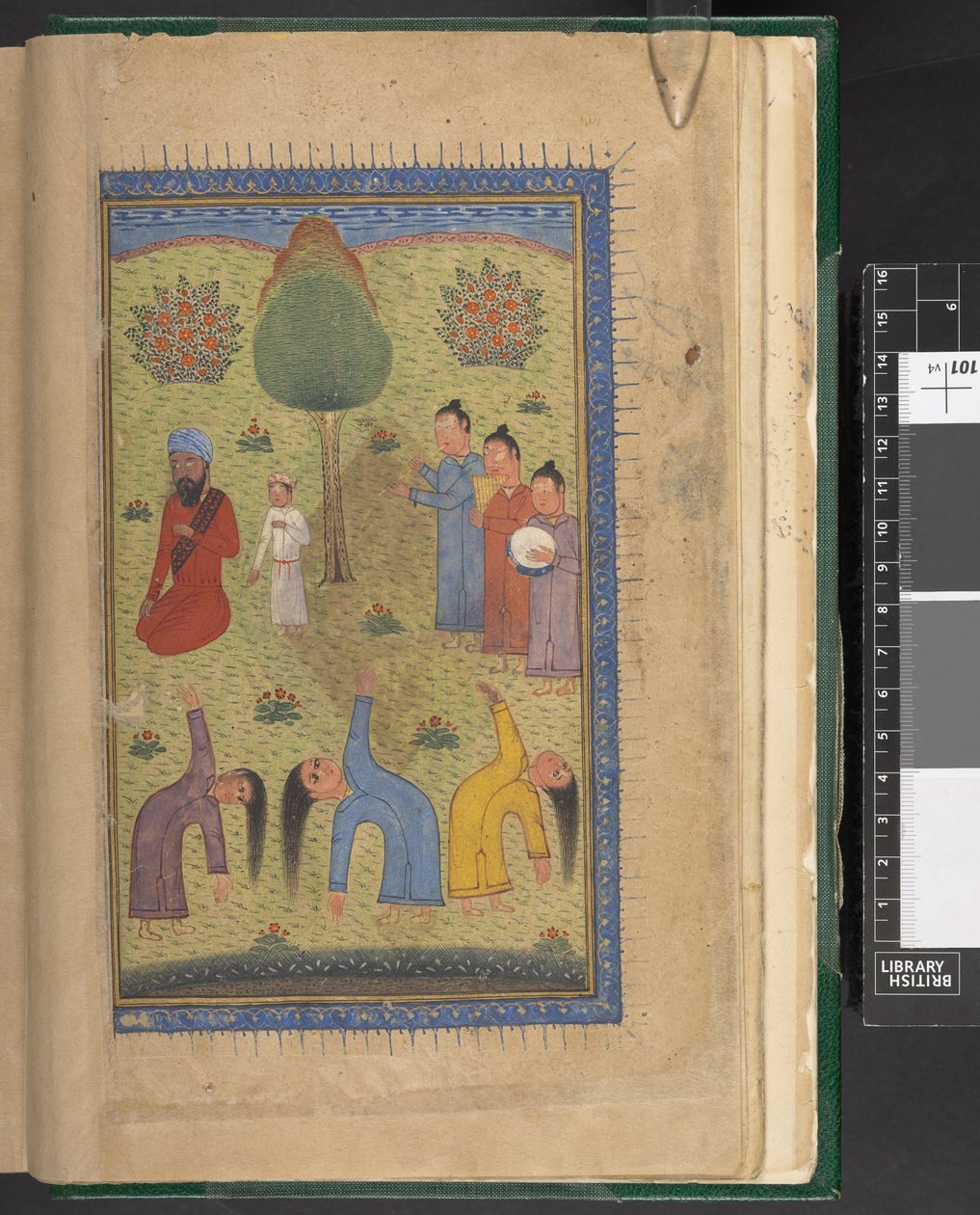OMS/Or.1403, f.9v: Sufit tanssivat muusikoiden ja katsojien kanssa, "The Shahnameh", pitkä eeppinen runo, jonka on kirjoittanut persialainen runoilija Ferdowsi, Intia tekijältä Indian School