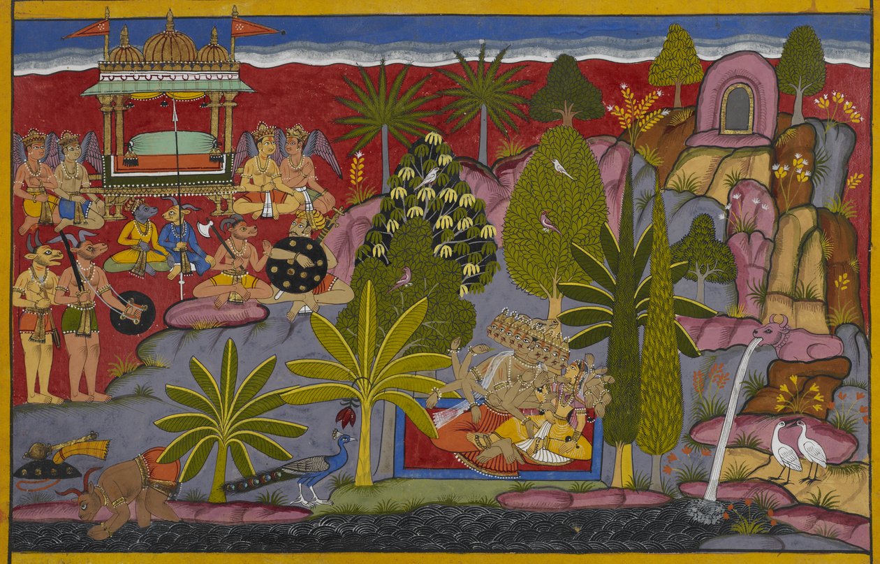 Kailasa-vuorella Rāvaṇa hyökkää Rambhan kimppuun tämän pyynnöistä huolimatta. tekijältä Indian School