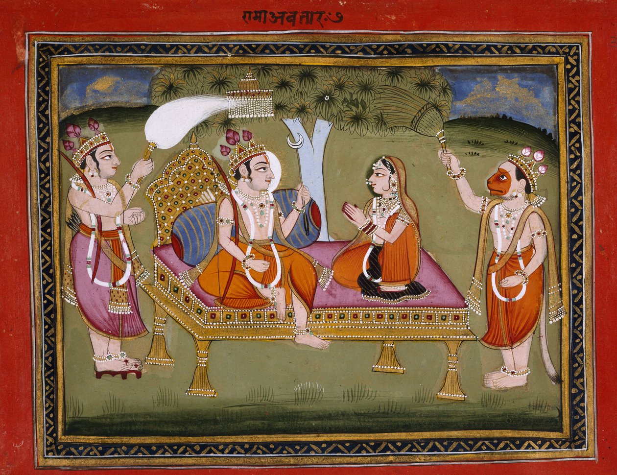 Tai. 13805 f.373 Kuningas Rama valtaistuimella, kuvitus Kaluraman teoksesta "Bhagavatapurana (siunatun Herran Purana)" tekijältä Indian School