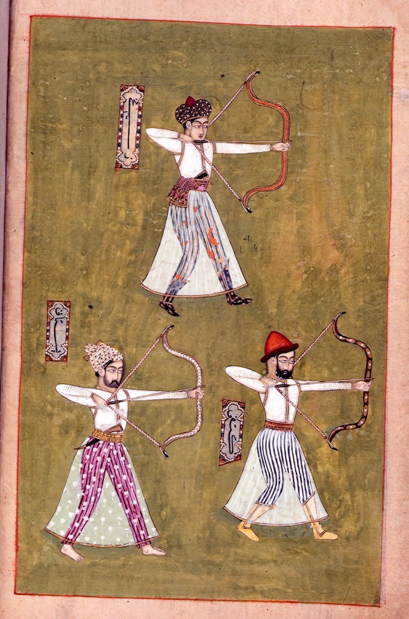 Tai 14143 fol.16v Archers, "Hidayat al-rami" (väri litho) tekijältä Indian School