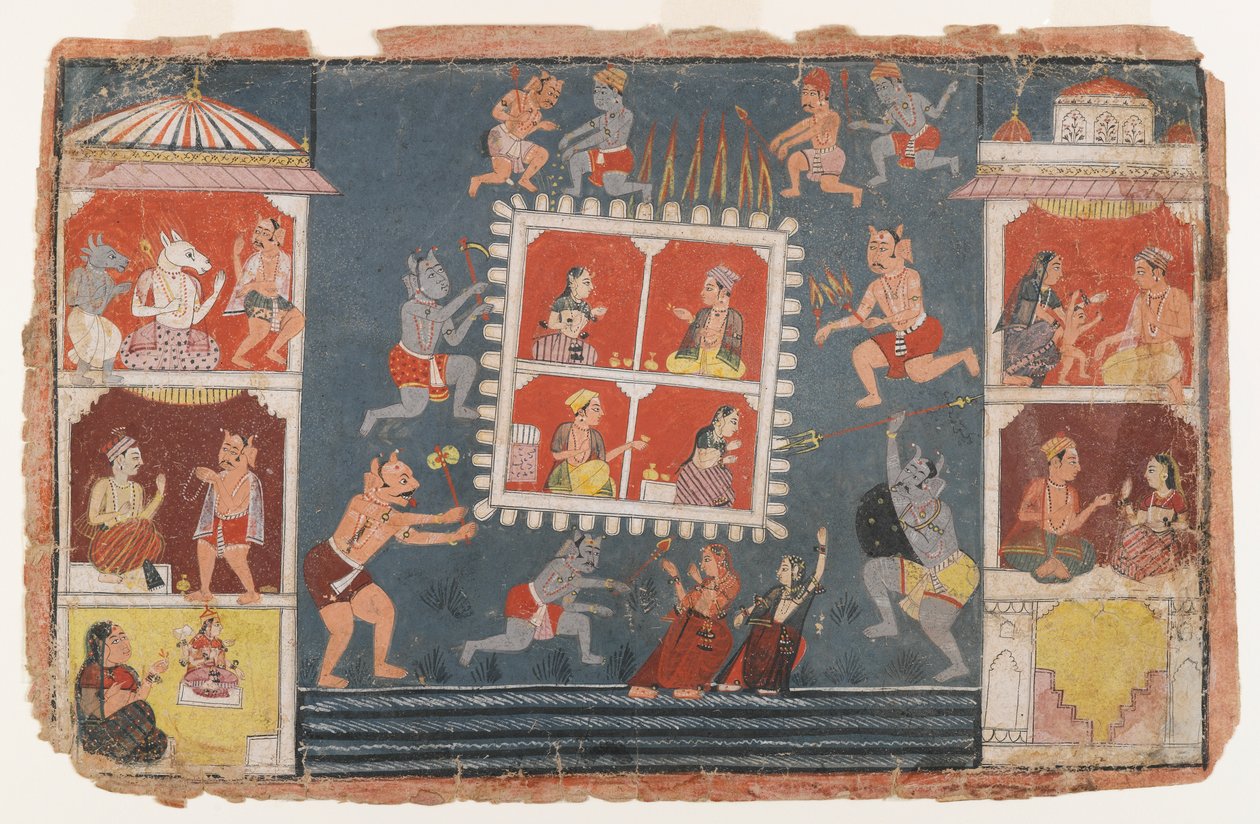Sivu hajallaan olevasta Bhagavata Purana -sarjasta, n. 1610-1650 (läpinäkymätön wc paperilla) tekijältä Indian School