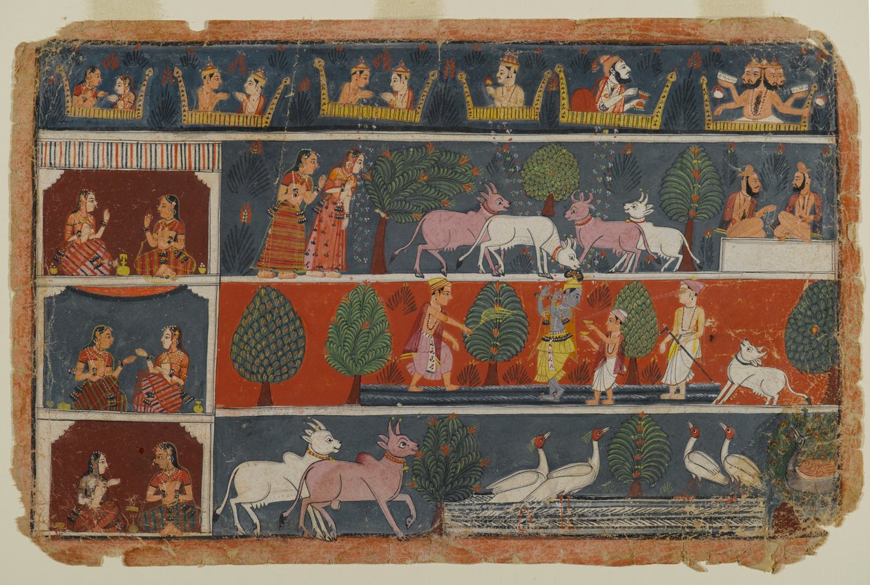 Sivu hajallaan olevasta Bhagavata Purana -sarjasta, n. 1680 (läpinäkymätön wc paperilla) tekijältä Indian School