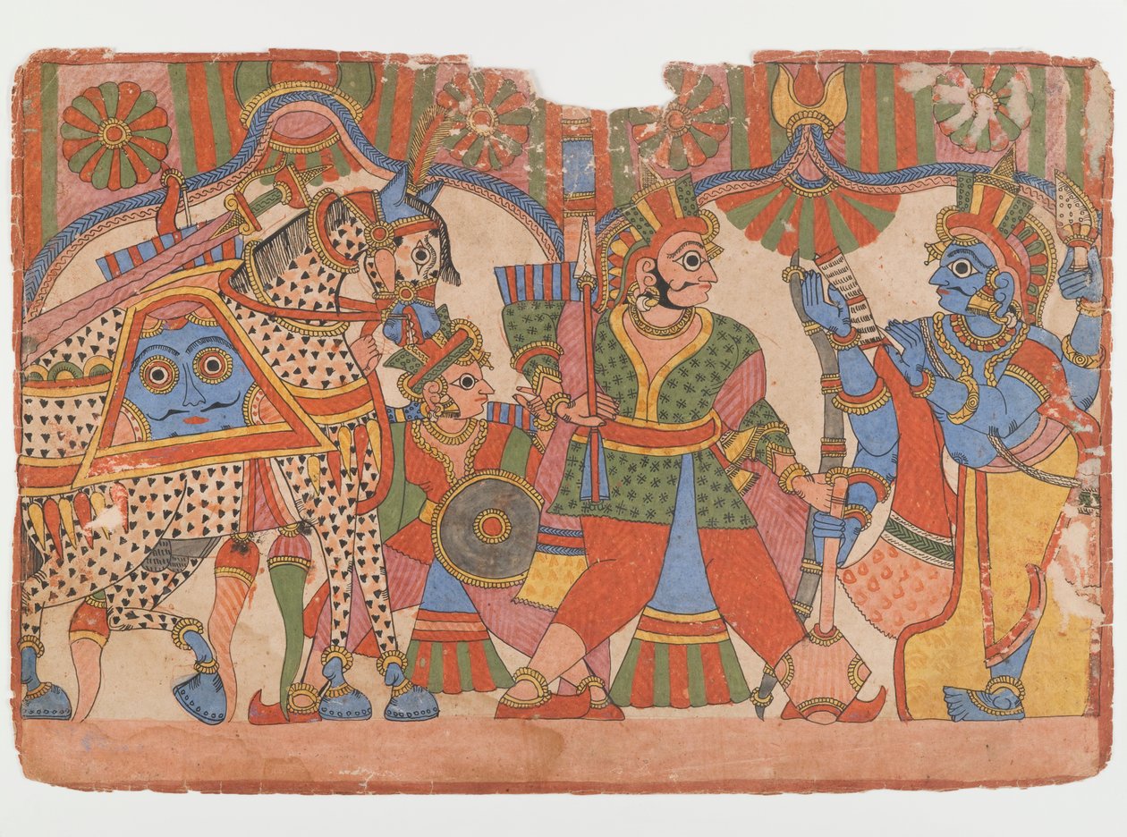 Sivu Mahabharata-sarjasta, n. 1830-50 (muste ja väri paperille) tekijältä Indian School