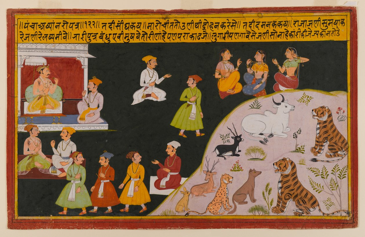 Sivu hajautetusta Panchakhyana-sarjasta, n. 1720-40 (wc paperilla) tekijältä Indian School
