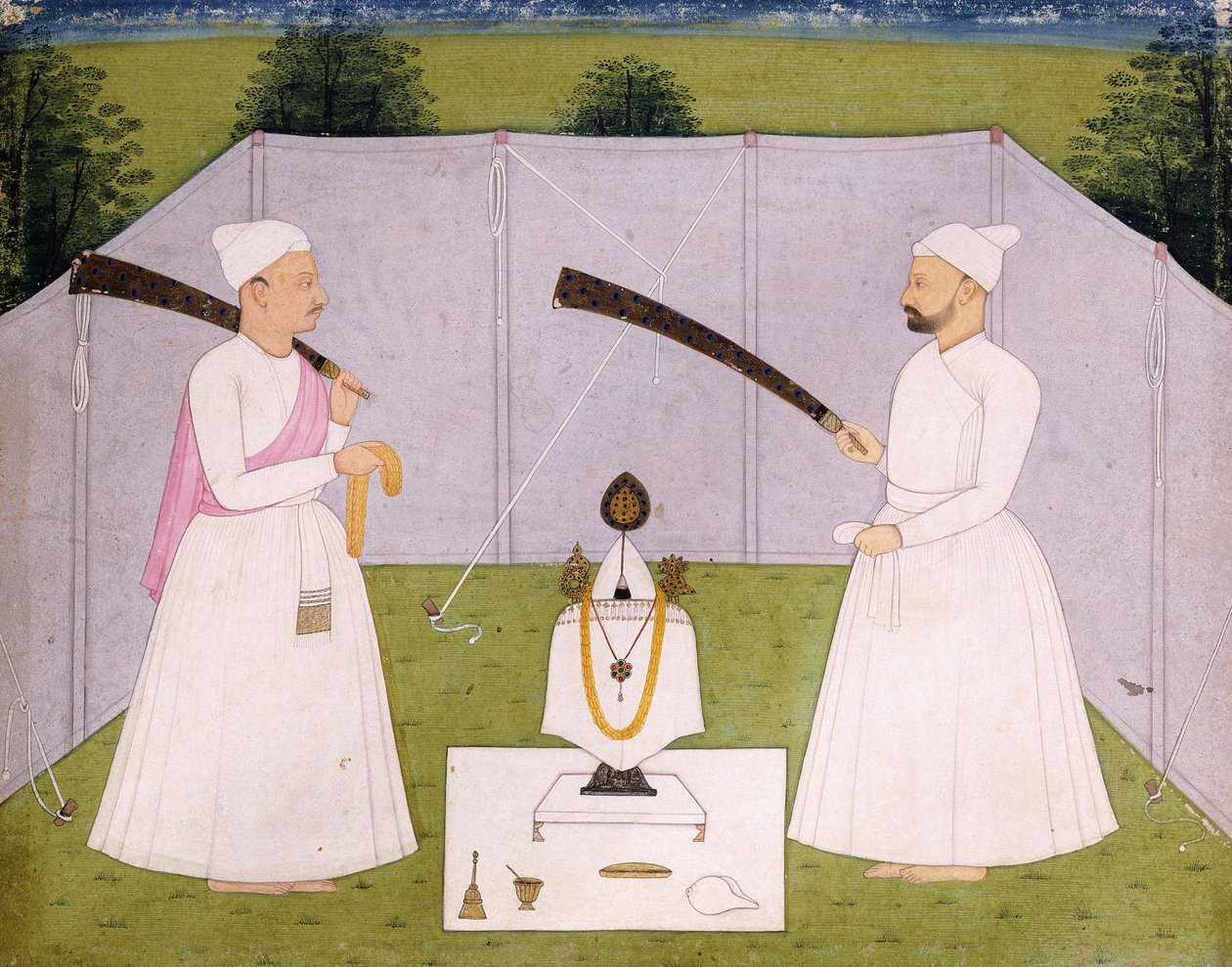 Pandits osallistumassa Balwant Singhin henkilökohtaiseen pyhäkköön, noin 1750 tekijältä Indian School