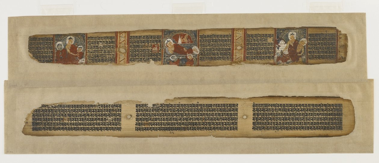 Buddhan Parinirvana, Prajnaparamita-käsikirjoituksesta, Bengal tai Bihar, Pala-Sena-dynastia (läpinäkymätön akvarelli ja muste palmunlehdellä) tekijältä Indian School