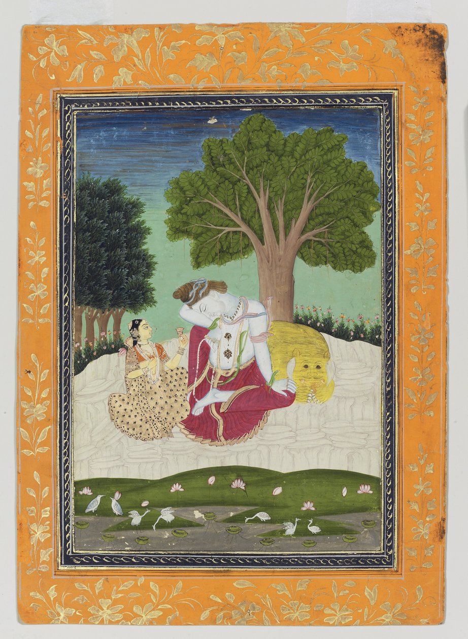 Parvati tarjoaa kupin Shivalle, n. 1800 (läpinäkymätön wc ja kultaa paperilla) tekijältä Indian School