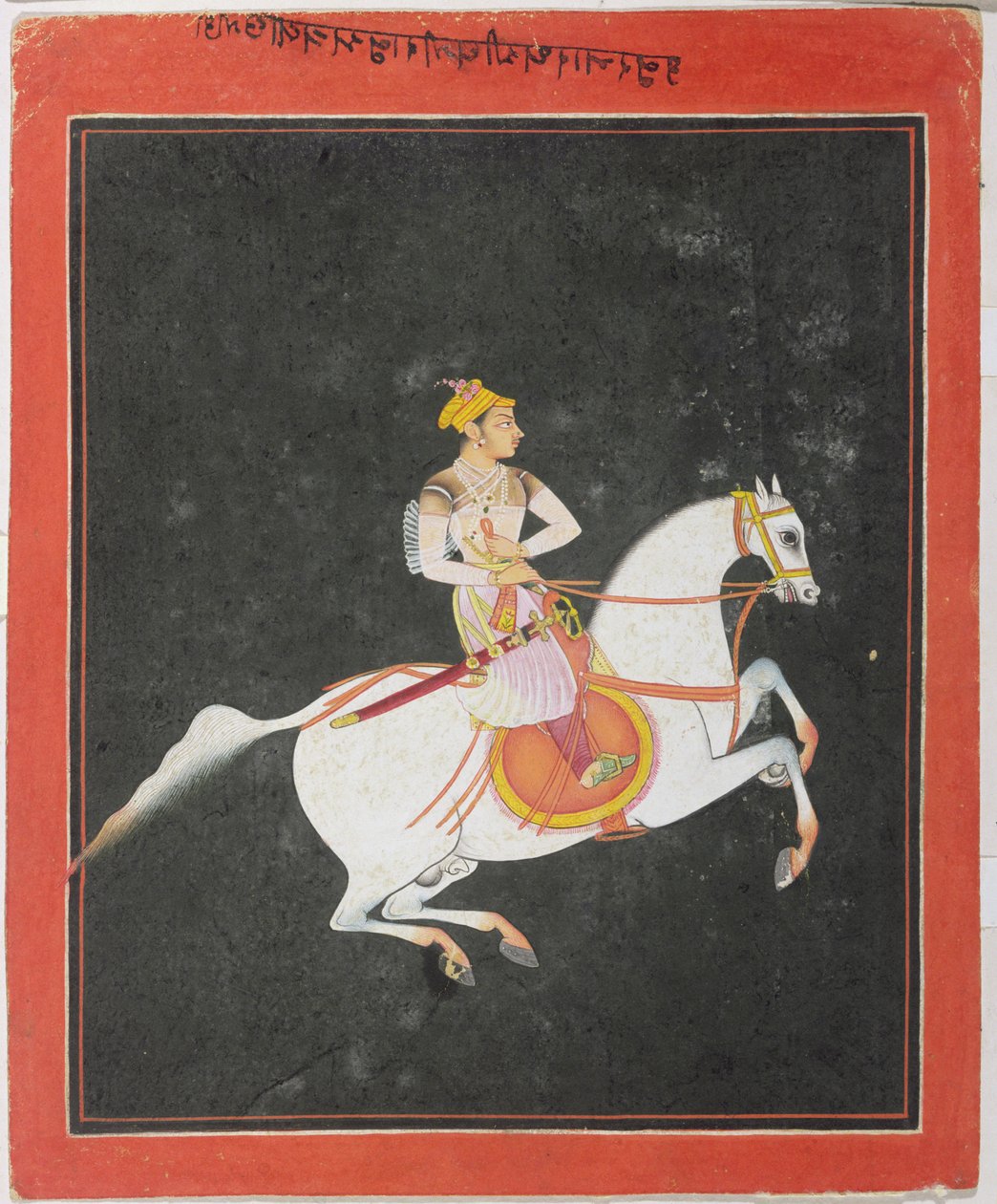 Kunwar Baharat Singhin muotokuva hevosen selässä, Utkalrama, kaiverrettu päälle ja taakse Devanagari, Bundi, Rajasthan, Rajput School tekijältä Indian School
