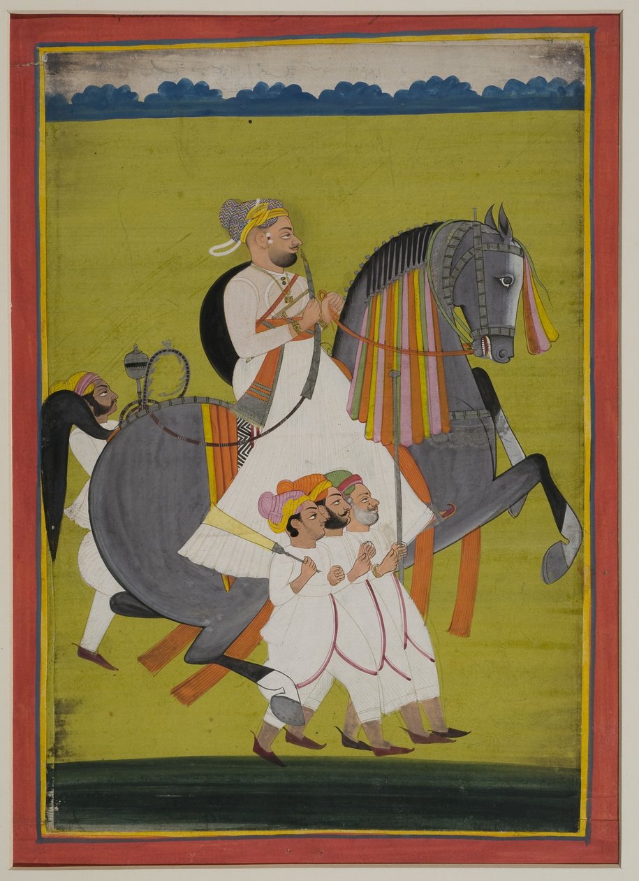 Nimbajin Thakur Surtan Singhin muotokuva hevosen selässä jalankulkijoineen, 1820 (guassi intialaiselle paperille) tekijältä Indian School