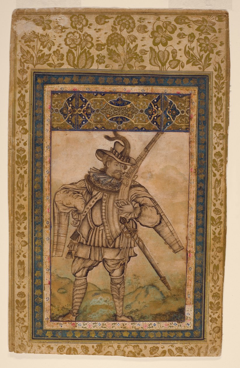 Portugalilaisen amiraali Albuquerquen muotokuva, n. 1615 (läpinäkymätön wc ja kultaa paperilla) tekijältä Indian School